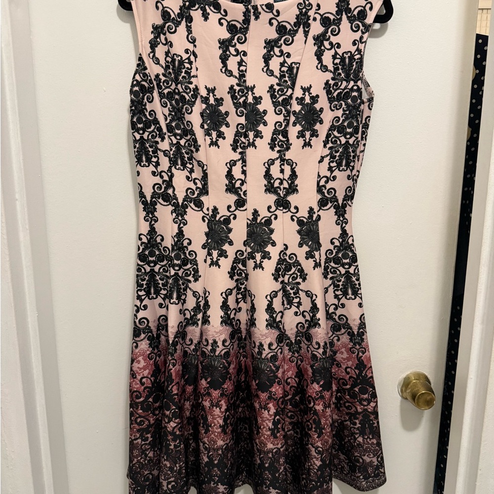 Gabby Skye Pink and Black Lace-Effect Fit & Flare Midi Dress